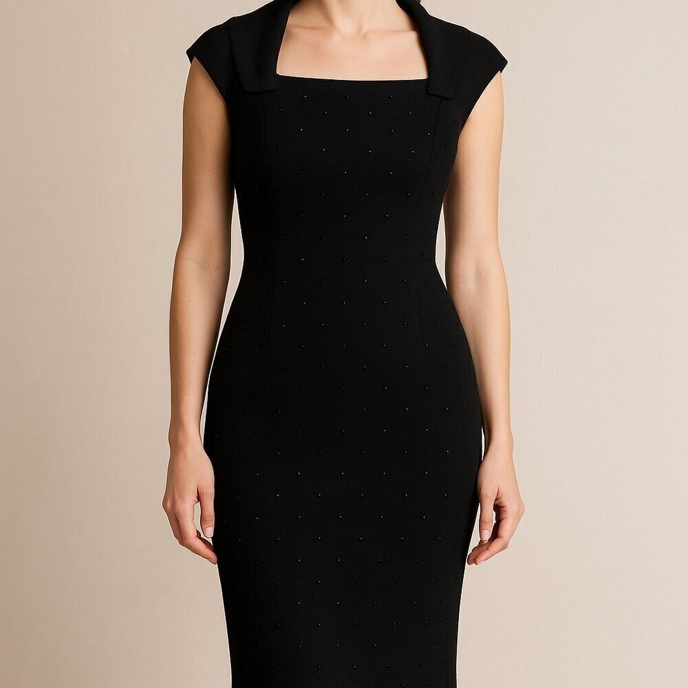 St. John Black Embellished Knit Sheath Dress Size 8